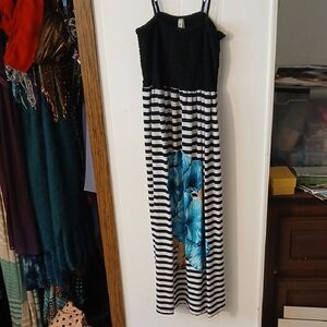 Black and White Striped Maxi Dress with Blue Floral Design